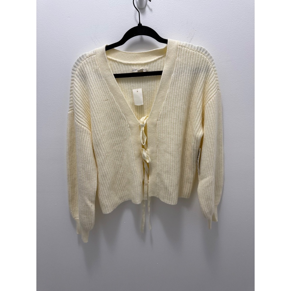 Aeropostale Womens 2-Way Lace Up Ribbed Cardigan Sweater Cream Medium‎ NEW